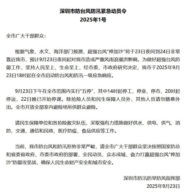金多多 深圳市发布防台风防汛紧急动员令 全市范围内实行“五停”